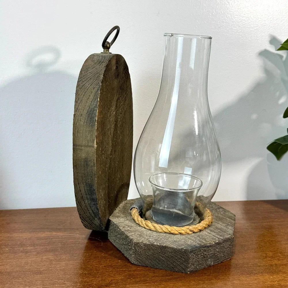 Primitive Rustic Wall Mount Hurricane Candle Sconce Wood Glass Chimney Country